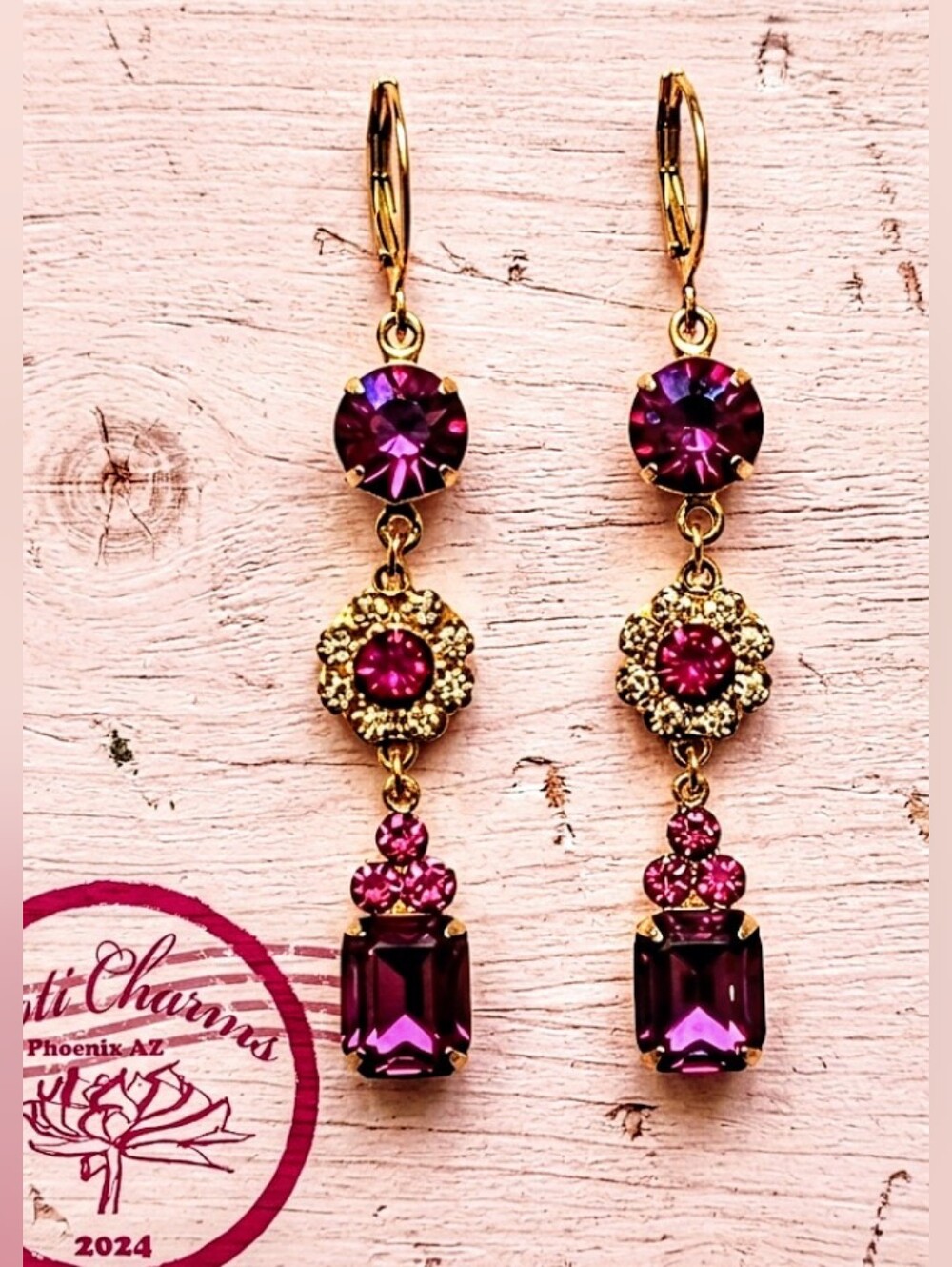 Victorian Fuchsia & Pink AB Swarovski & Flower Crystals In Long Ornate  Earrings
